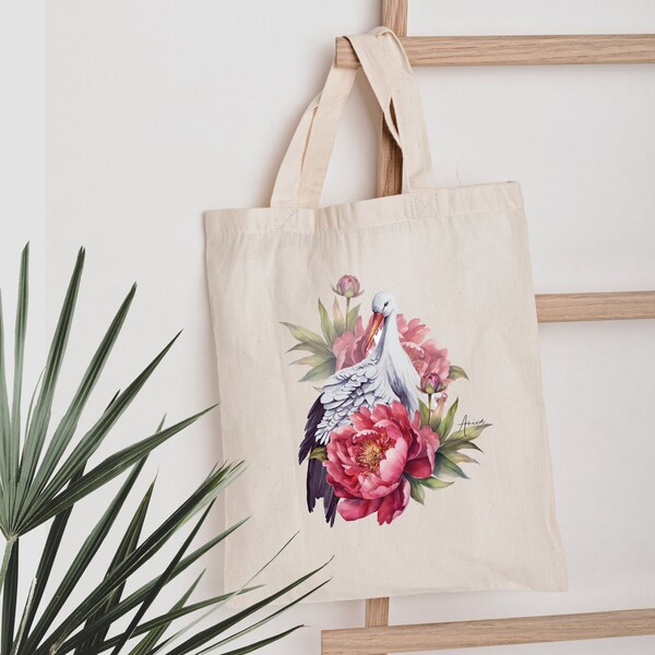 Jutebeutel Storch Blumen Motiv Tasche mit langen Henkeln für Freundin/ Mama / Oma Stoffbeutel, Geschenk für Mama