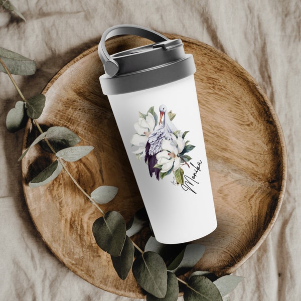 Reisebecher Namenstasse Storch Blumen Motiv Thermobecher Kaffee-Tasse mit Namen persönliche Geschenke Tasse für unterwegs