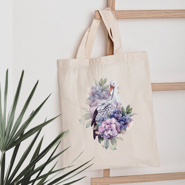 Jutebeutel Storch Blumen Motiv Tasche für Freundin/ Mama / Oma Stoffbeutel, Geschenk für Mama