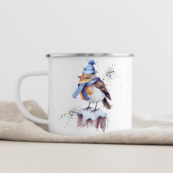 Emailletasse Rotkehlchen, Tasse aus Emaille, Becher, bedruckt, Wintersaison becher, Robin Tasse