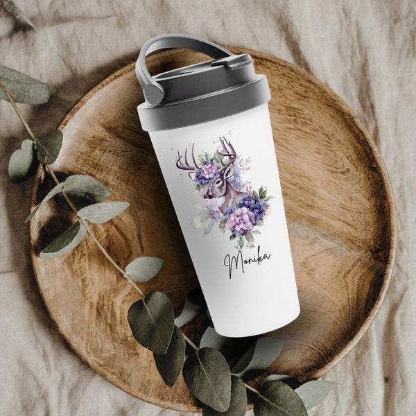 Reisebecher Kaffeetasse mit Namen Waldtier Thermobecher Hirsche und Blumen  persönliche Geschenke Tasse für unterwegs Geschenk Mutter