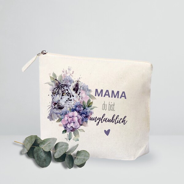 Kulturtasche Schneeleopard, Personalisierte Kosmetiktasche für Mama, Geschenk Frau/Mama/Muttertag Schminktasche, Geburtstag, Beste Freundin