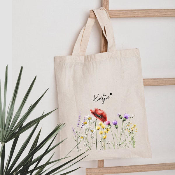 Jutebeutel Blumen Motiv Tasche mit Feldblumen für Freundin/ Mama / Oma Stoffbeutel, Geschenk für Mama