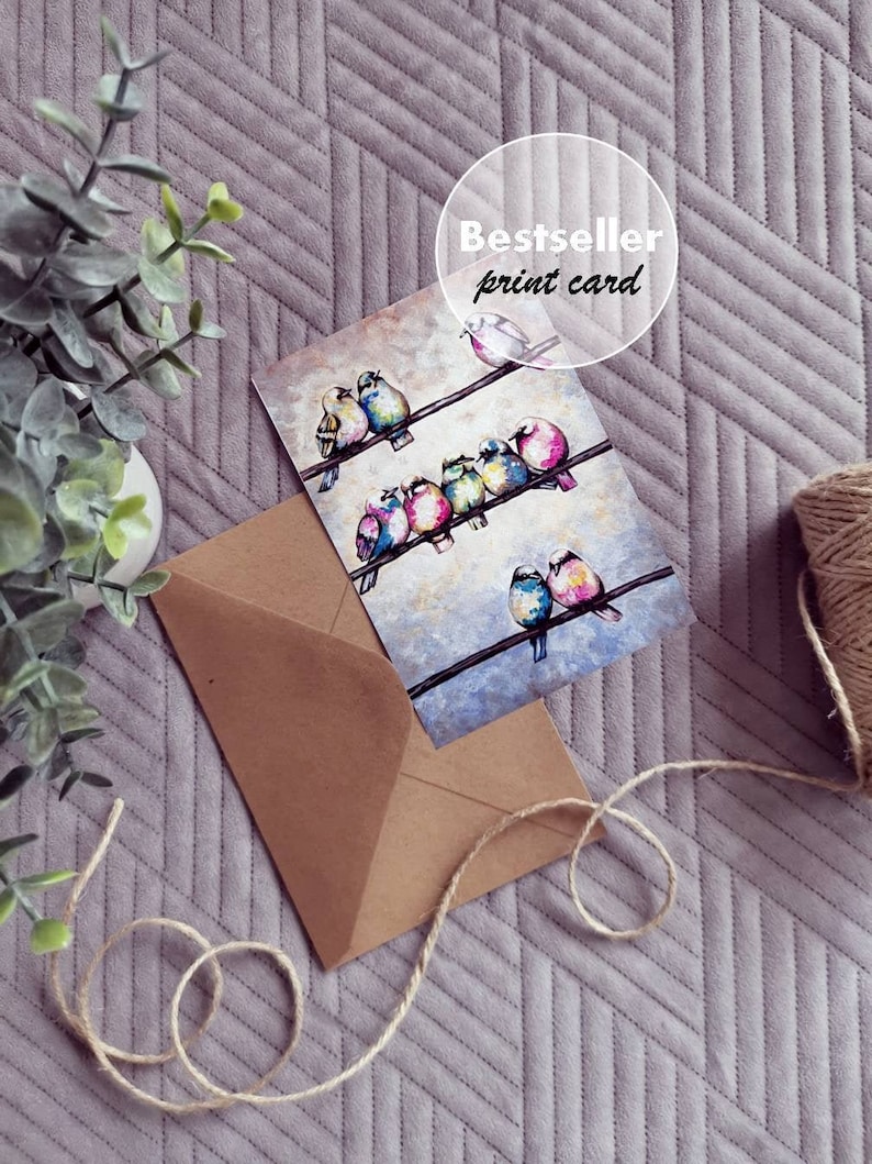 Watercolor Bird Card: Colorful Hand-Painted Art Card with Kraft Envelope image 1