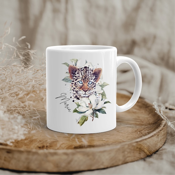 Becher Leopard und Blumen Personalisierbar Kaffeetasse Safari Tier und Blumen Tasse  Wunschtext Becher kleines Geschenk