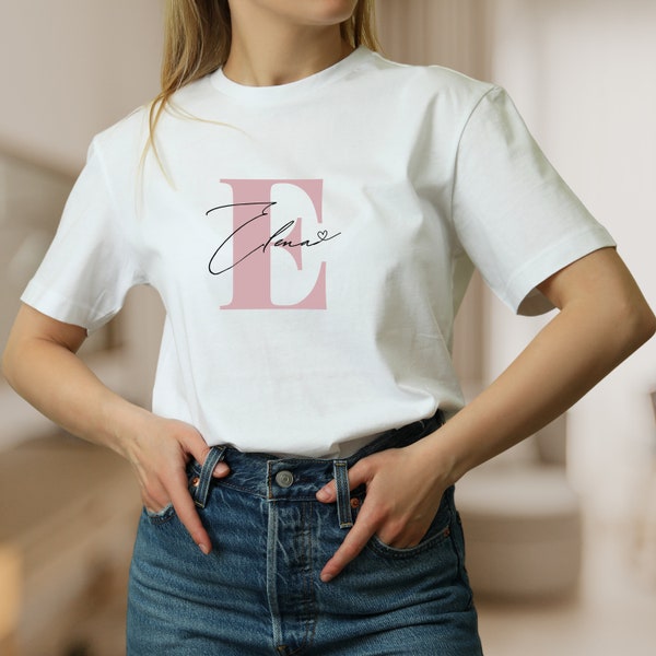 T-Shirt mit Buchstabe Monogramm personalisiert mit Namen Initiale, persönliche Geschenke, Frauen Shirt, Bedrucktes Damen-T-Shirt