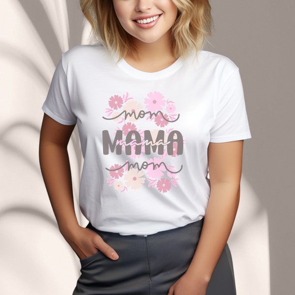 Damen T-Shirt Blumenmotiv "Mama", Shirt für Mutter, Blumen Shirt Mami, Mamas T-Shirt, weiße Bluse für Frauen, Geschenk zum Muttertag