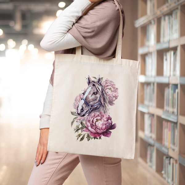 Beutel Pferd Tier Stoffbeutel Jutebeutel Tote bag Blumen Motiv Tasche mit langen Henkeln, Geschenk für Mama, Geschenk für Reiter