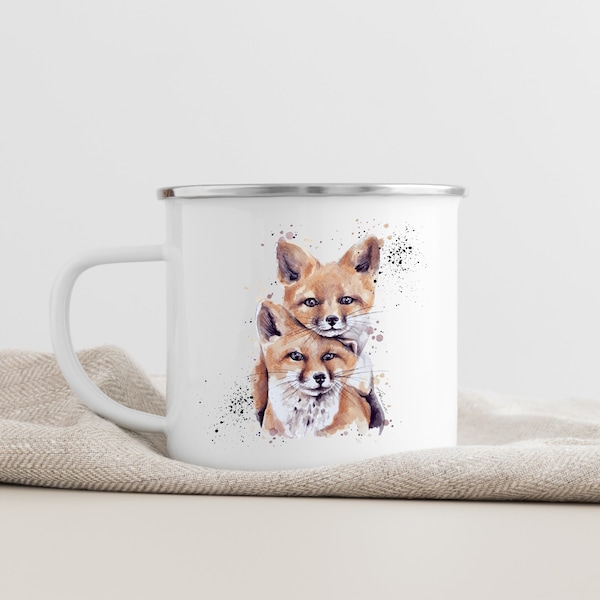 Tasse Fuchs, Emaille tasse , Emaillebecher mit Namen personalisiert Waldtiere Fuchs, Tasse mit Tier,  Aquarell zeichnung