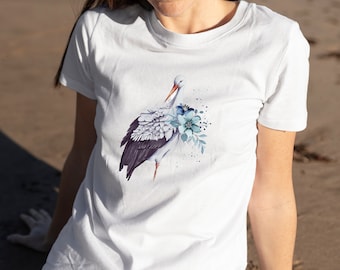 Cute Bird Cottagecore Aesthetic TShirt | Stork Flowers Style Birdie Shirt | Vintage Floral T-Shirt | Botanical Tee | Gift for Her