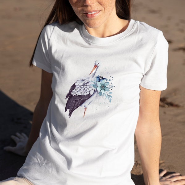 Cute Bird Cottagecore Aesthetic TShirt | Stork Flowers Style Birdie Shirt | Vintage Floral T-Shirt | Botanical Tee | Gift for Her