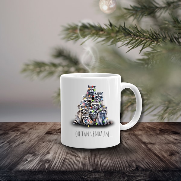 Tasse Waschbär Becher Kaffeebecher Tier Kaffeetasse Oh Tannenbaum Wunschname Name Geschenk für Weihnachten