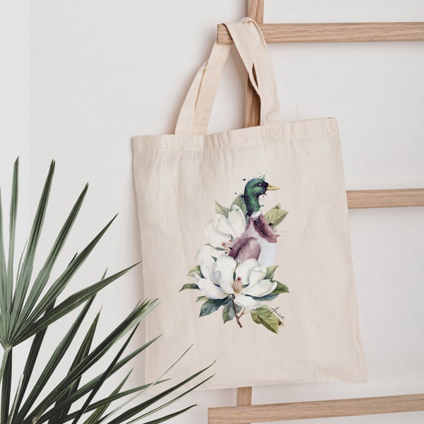 Jutebeutel bedruckt "Ente" und Blumen - Baumwollbeutel, Stofftasche, Stoffbeutel, Einkaufstasche, Baumwolltasche