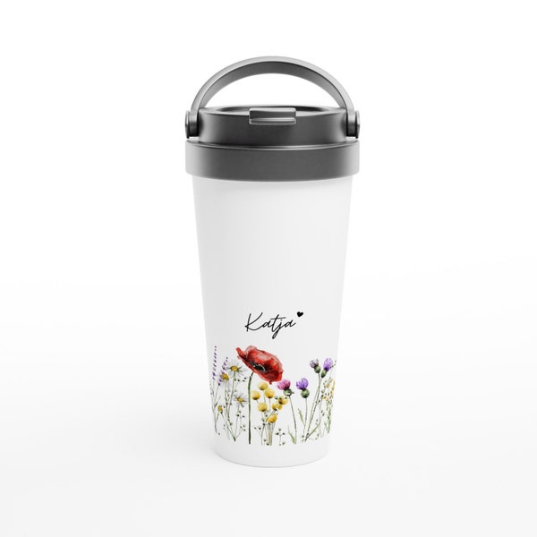 Reisebecher Namenstasse Feldblumen Kaffee-Tasse mit Namen Blumen Motiv persönliche Geschenke Tasse für unterwegs, Thermobecher