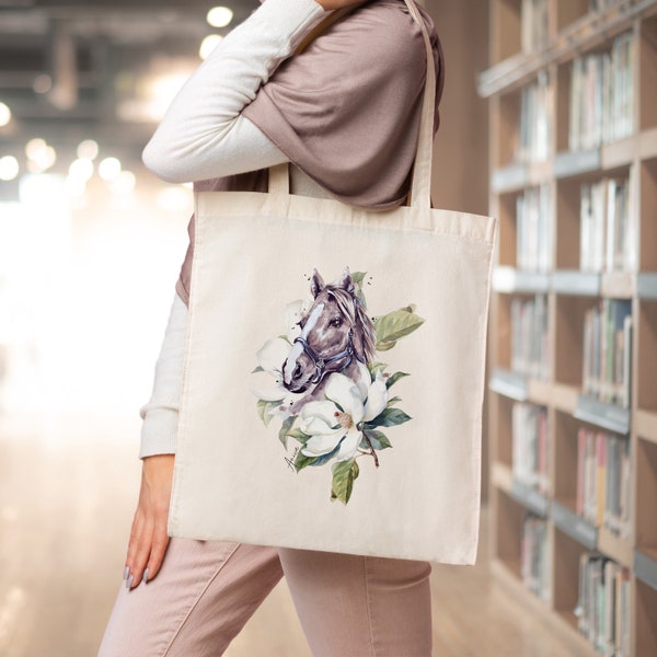 Stoffbeutel Pferd Tier Jutebeutel Floral Tote bag Blumen Motiv Tasche mit langen Henkeln, Geschenk für Mama, Geschenk für Reiter