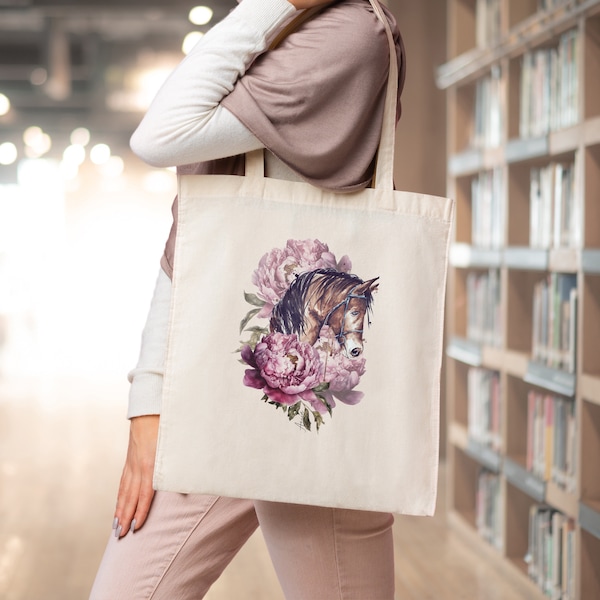 Jutebeutel Stoffbeutel Pferd und Rosa Blumen Beutel Tier Blumen Motiv Tasche mit langen Henkeln für Mama / Oma, Geschenk für Mama