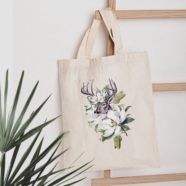 Jutebeutel Hirsche Blumen Motiv Stoffbeutel Reh Beutel Waldtier Blumen Tasche mit langen Henkeln für Mama / Oma, Geschenk für Mama