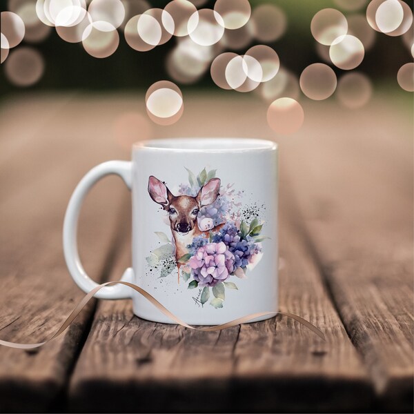 Keramikbecher mit Hirsche, Namenstasse, Hortensien, personalisierte Kaffee-Tasse mit Namen, persönliche kleines  Geschenk, Geschenk für Mama