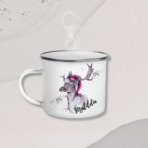 Emaille Becher, Tasse Rentier mit Wunschname, Name Kaffeetasse, Nikolausgeschenk, Geschenk Campingbecher imagem 2