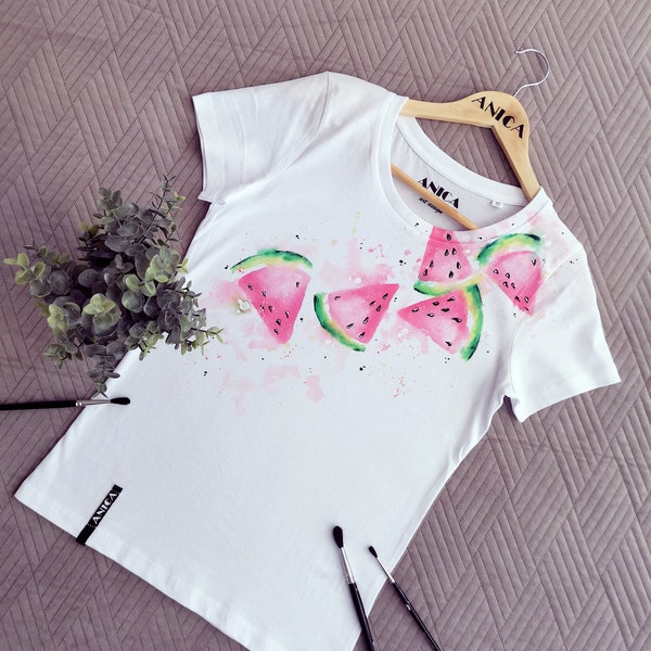 Damen Shirt/Wassermelone tshirt/Baumwoll T-Shirt/Shirt mit Wassermelone/Aquarell Shirt/Aquarell /handbemalte Kleidung/Sommermode/watercolor