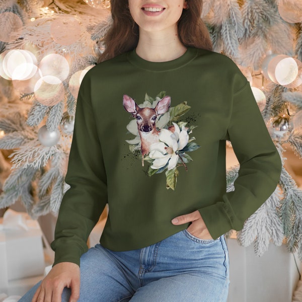 Damen Sweatshirt mit Hirsche, Weihnachten Pullover, Urlaub Pullover für Frauen, Winter Sweatshirt Reh mit Blumen, Geschenk für Mama