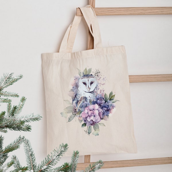 Jutebeutel Eule, bedruckte Jutetasche, Stoffbeutel, Schneeeule und Blumen, Geschenk für Freundin, Einkaufstasche, Geschenk für Mama