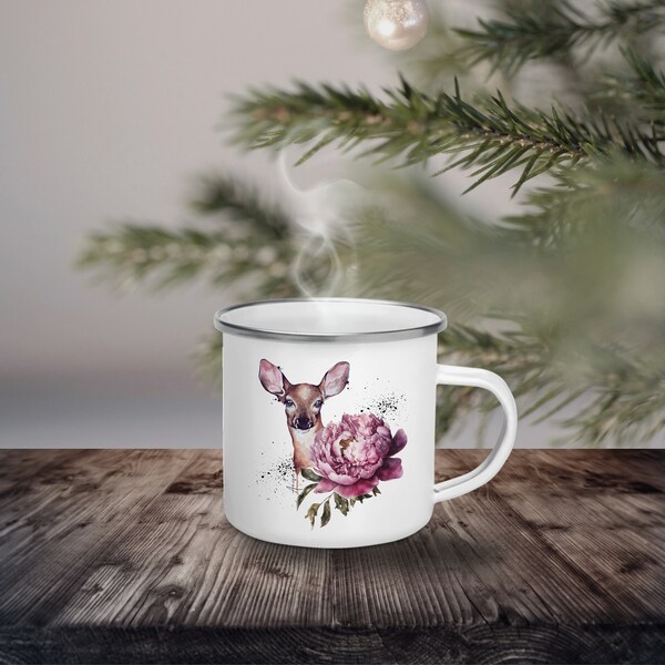 Emaille Becher für Mama, Kaffeebecher mit Hirsche, Tasse für Oma, Metallbecher, Camping Tasse, Kaffeetasse mit Blumen, Geschenk für Mama