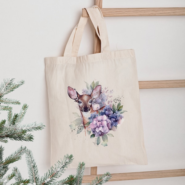 Jutebeutel, bedruckte Jutetasche, Tasche für Mama, Stoffbeutel für Freundin, Einkaufstasche, Hirsche und Chrysanthemen, Geschenk für Mama