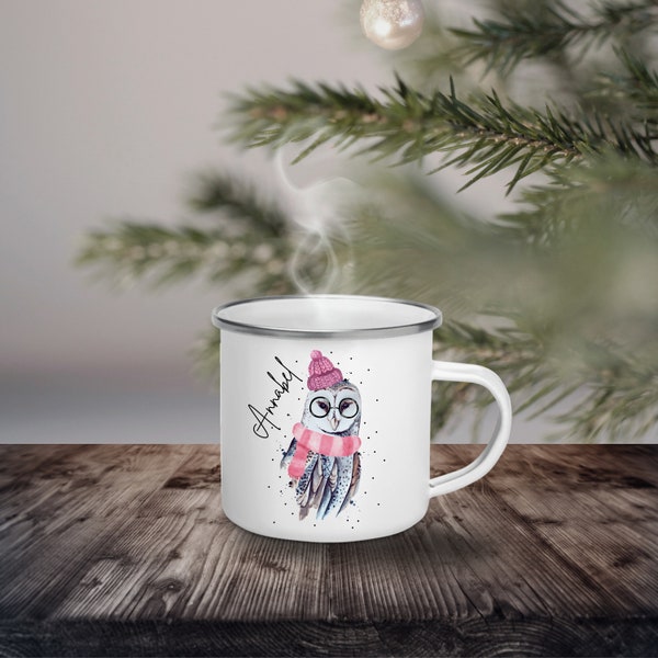 Emaille Becher mit weiße Eule, Weihnachten Eule, Camping Tasse, Kaffeetasse, Weihnachtshirsch Kaffeebecher, kleines Weihnachtsgeschenk