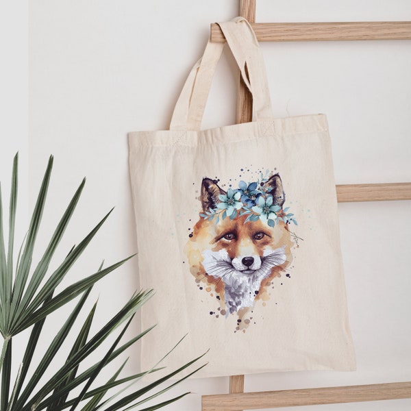 Beutel Waldtiere mit Namen | Baumwolltasche mit Tragegriffen | Fuchs Jutebeutel | Rot Fuchs mit Blumenkrone | Personalisierte Tragetasche