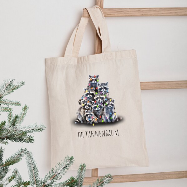 Jutebeutel - Oh Tannenbaum, Weihnachtstüte, Jutetasche mit Waschbär, bedruckte Jutetasche, Stoffbeutel personalisiert, Einkaufstasche