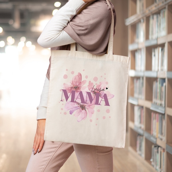 Jutebeutel MAMA Namen Blumen Motiv | Stoffbeutel personalisierbar mit Namen persönliche Geschenke zum Muttertag | Tasche für Mama