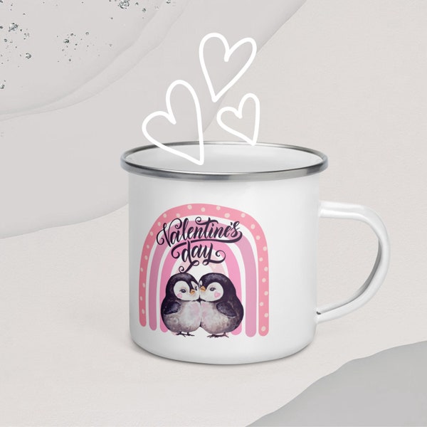 Emailletasse Pinguin, Kaffee-Tasse, rosa Regenbogen und Pinguine, Geschenk Liebe Valentinstag Jahrestag Pinguin Spruch Herz