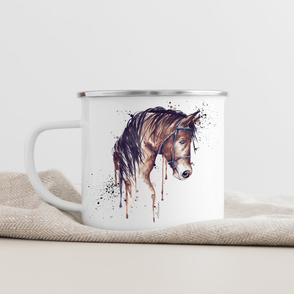 Emaille Tasse Pferd, Becher Camping braunes Pferd Pferdchen Wunschname Name Kaffeetasse Geschenk