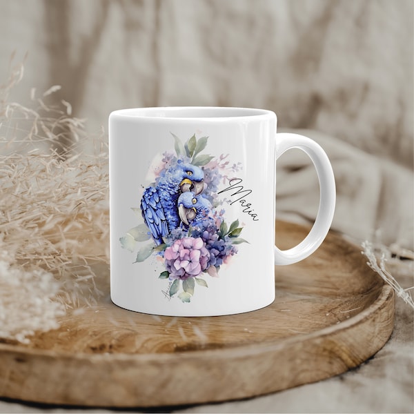 Tasse Vogel blaue Papageien Blumen Becher Papagei und Blumen Kaffeetasse personalisierbar Wunschtext Becher kleines Geschenk