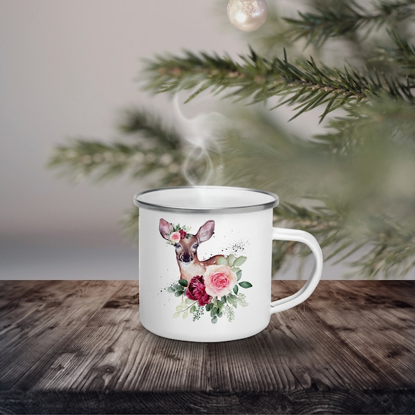 Emaille Becher für Mama, Metallbecher, Tasse Reh, Hirsch mit Blumen, Kaffeetasse, Kaffeebecher, kleines Geschenk, Geschenk für Mama