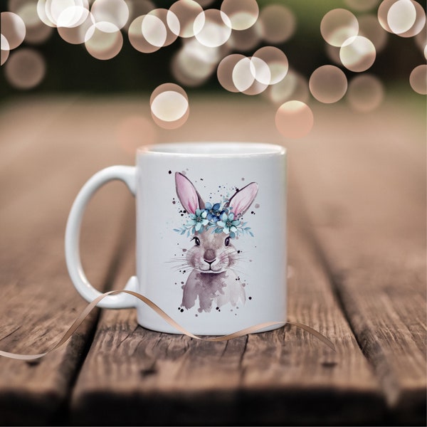 Becher mit Namen, Keramik Tasse mit Hase, Tasse personalisiert, beidseitig bedruckt, Geschenk für Mama