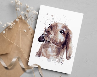 Watercolor Rabbit Postcard, Hand-Painted Bunny Art