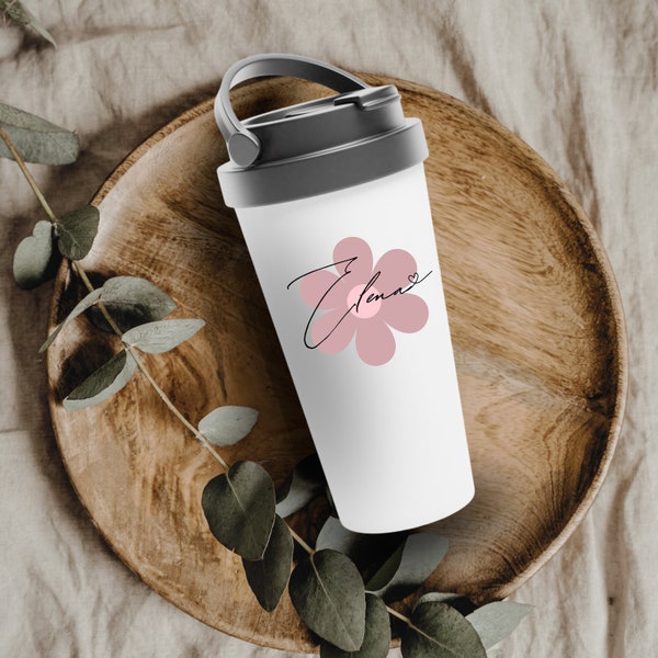 Isolierte Kaffeetasse, Kaffeetasse für unterwegs, Tasse mit Namen, Reisebecher, Thermobecher, Becher mit Blumen, Geschenk für Mama