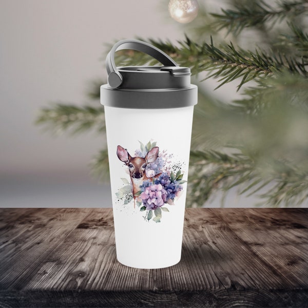 Reisebecher, Isolierte Kaffeetasse, Thermobecher, Kaffeetasse für unterwegs, personalisierter, Hirsche und Hortensien, Geschenk für Mama