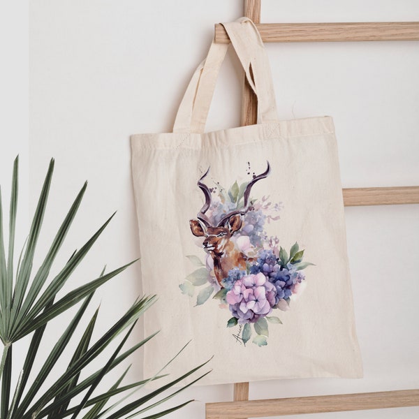 Beutel Tier und Blumen Stoffbeutel Tier Antilope Kudu Jutebeutel Blumen Motiv Tasche mit langen Henkeln für Mama / Oma, Geschenk für Mama