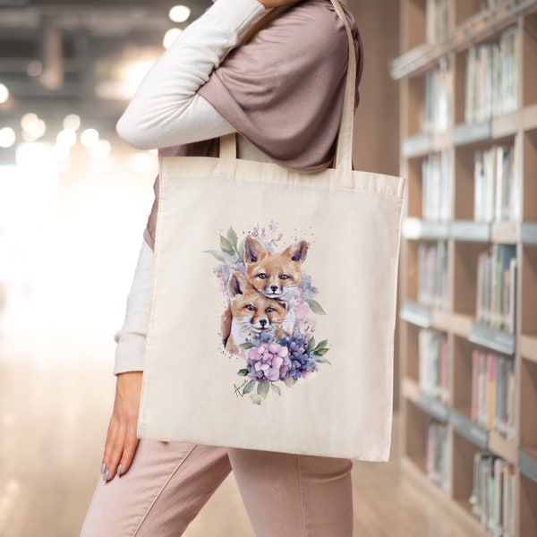 Jutebeutel Beutel Waldtier Rotfuchs Blumen Motiv Stoffbeutel Füchse und  Blumen Tasche mit langen Henkeln für Mama / Oma, Geschenk für Mama