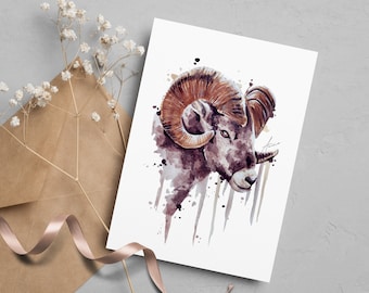 Ram Watercolor Postcard, Hand-Painted Zodiac Art