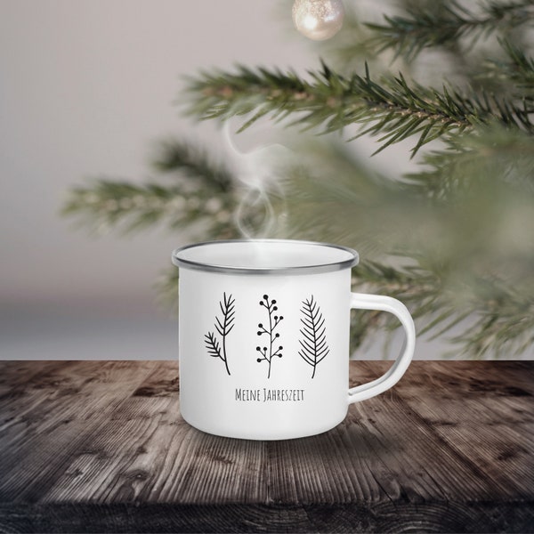 Emaille Becher für Weihnachten, Metallbecher, Meine Jahreszeit, Kaffeetasse, Weihnachtstasse, Kaffeebecher, kleines Weihnachtsgeschenk