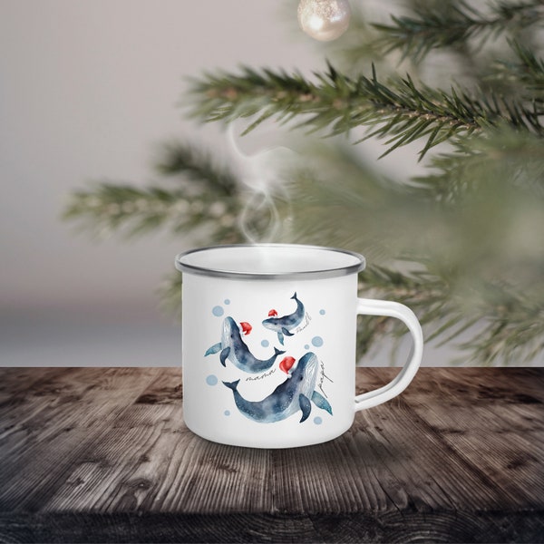 Emaille Becher für Weihnachten, Camping Tasse Wale, Kaffeetasse für Mama, Weihnachtshirsch Kaffeebecher, kleines Weihnachtsgeschenk