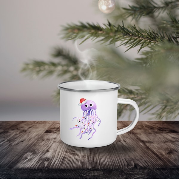 Emaille Becher für Weihnachten, Qualle Kaffeetasse, Kaffeebecher, Camping Tasse, kleines Weihnachtsgeschenk