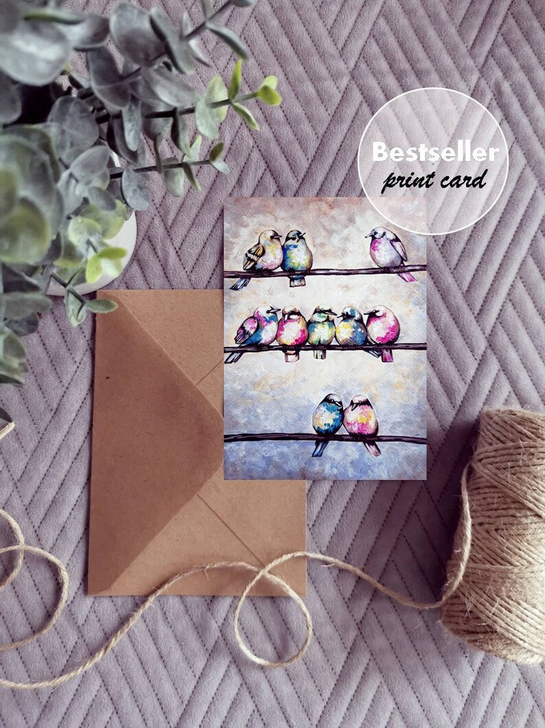 Watercolor Bird Card: Colorful Hand-Painted Art Card with Kraft Envelope image 6