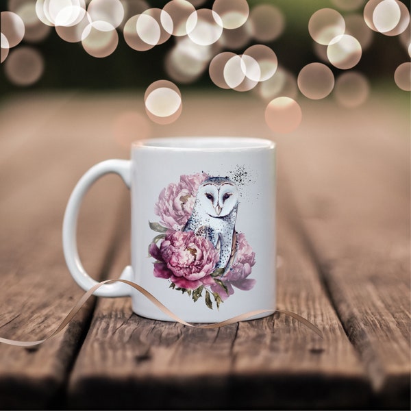 Tasse Vogel, personalisierte Kaffee-Tasse mit Namen  Schneeeule, Becher weiße Eule, Cappuccino-Tasse, Teetasse, Geschenk für Mama