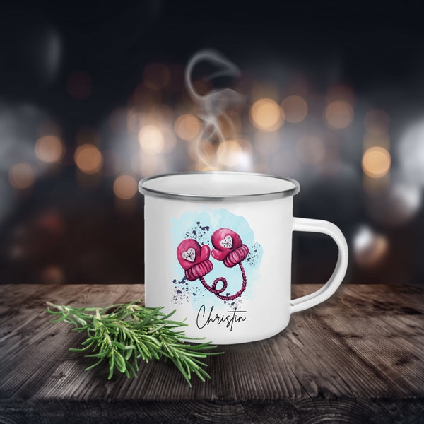 Emaille Becher für Weihnachten, rote Handschuhe Camping Tasse, Wintermotiv Kaffeetasse, Weihnachts Kaffeebecher, kleines Weihnachtsgeschenk