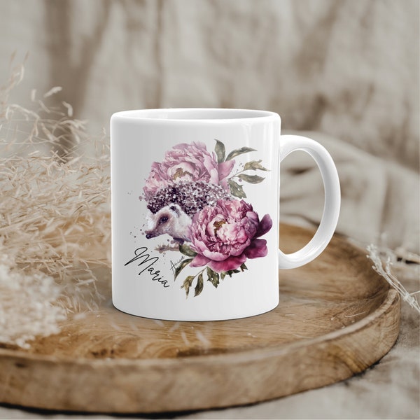 Becher Igel und Rosa Blumen Tasse Tier und Blumen Kaffeetasse personalisierbar Tier Wunschtext kleines Geschenk